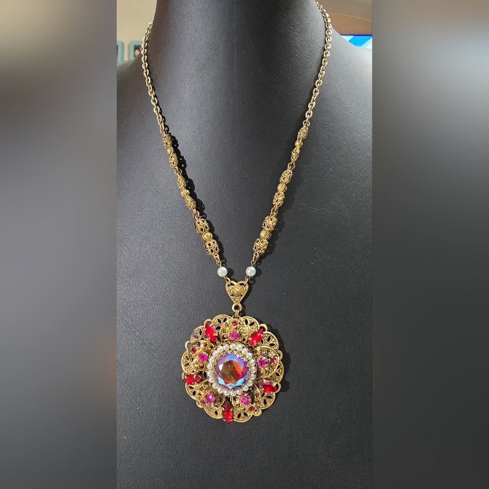 Vintage Western Germany Red Aurora Borealis Antique Gold Tone Filigree Necklace